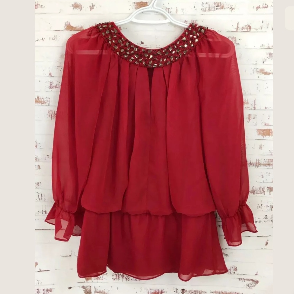 Jackie Jon New York Jeweled Neck Blouson Top Red
